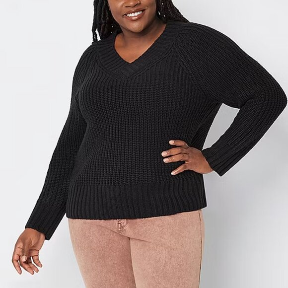 a.n.a Plus Womens V Neck Long Sleeve Pullover Sweater , Black Sz 1X - Picture 1 of 2